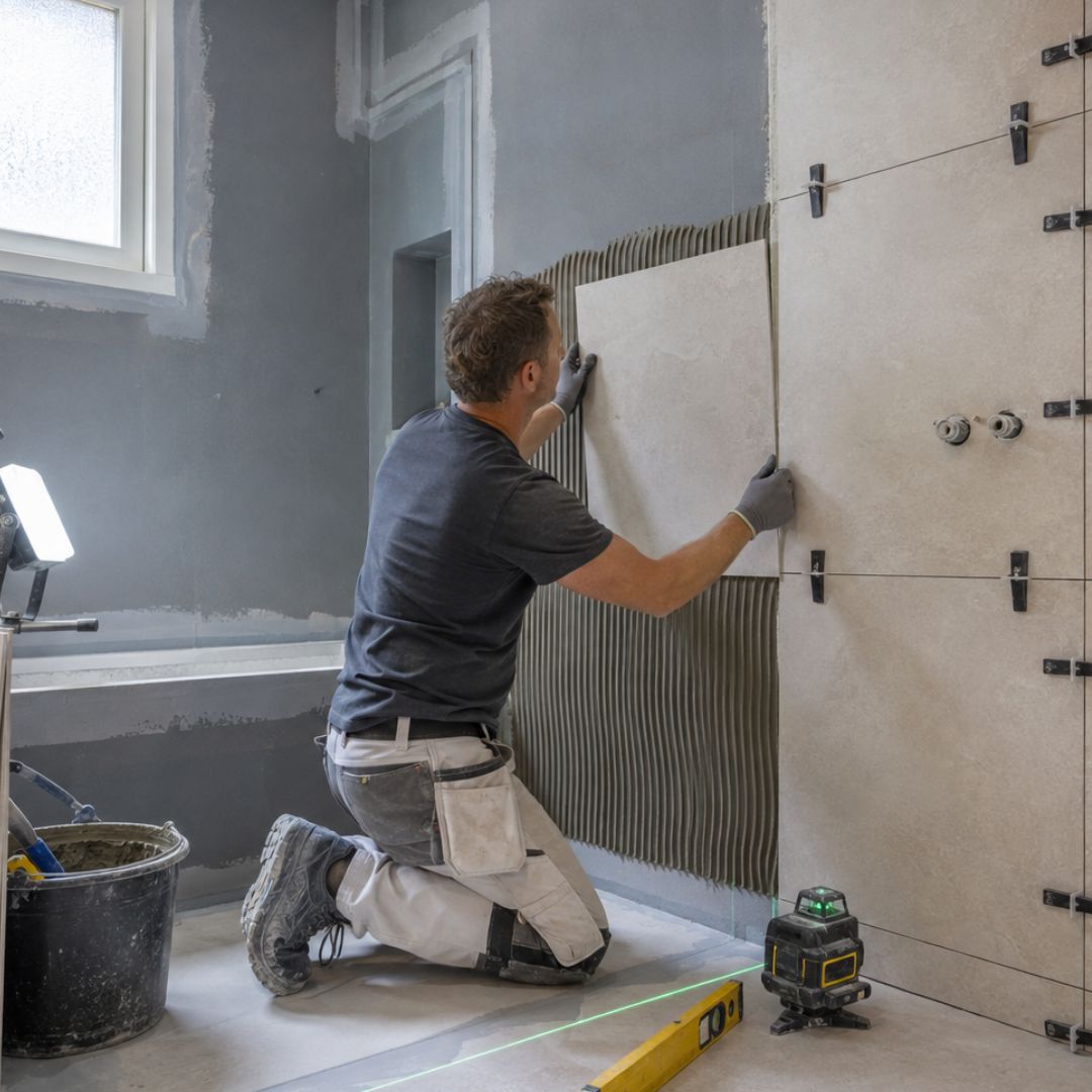 Sani VT vakman bezig met badkamer renovatie Tilburg
